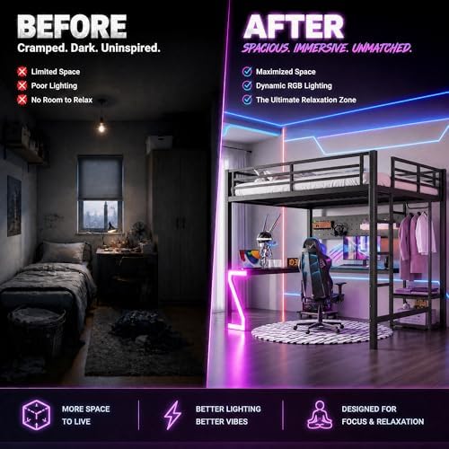 Bellemave Queen Size Metal Loft Bed with L-Shaped Desk, Z-Shaped LED Lights & Charging Station, Heavy Duty Loft Bed Frame with Hanging Rod for Kids, Teens & Adults, Space Saving,Black - Image 6