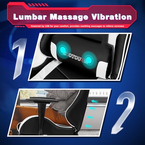 ECOTOUGE White Ergonomic PC Gaming Chair with Massage & Recline | Office Desk Chair, Racing PU Leather, Swivel Rocker, Headrest, Lumbar Pillow, Adjustable Height, Sturdy Base - Image 5