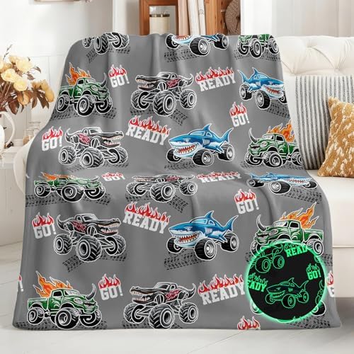 Truck Shark Glow in The Dark Blanket Truck Toys Gifts for Kids Boys Teens Age 1-16 Years Old Toddlers Birthday Christmas Halloween Excavator Construction Tractor Car Throw Room Decor Grey 50"x 60" by Jekeno