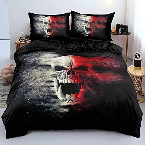 3D Skull Pattren Duvet Cover Set Queen Size Red Smoke Background Bedding Set Halloween Comforter Cover Cool Bedroom Decor by Holiyjog