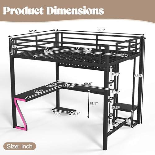 Bellemave Queen Size Metal Loft Bed with L-Shaped Desk, Z-Shaped LED Lights & Charging Station, Heavy Duty Loft Bed Frame with Hanging Rod for Kids, Teens & Adults, Space Saving,Black - Image 2