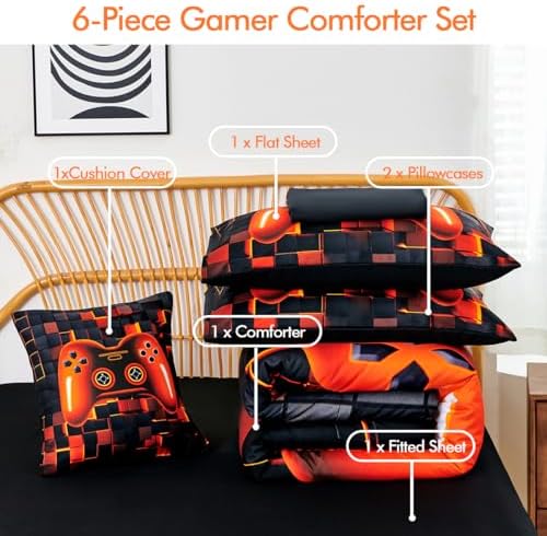 PERFEMET 6 Piece Orange Gaming Bedding Twin Game Console Boys Comforter Set - Image 3