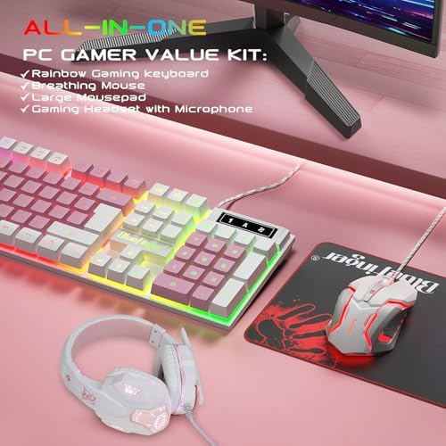 BlueFinger RGB Gaming Keyboard and Backlit Mouse and Headset Combo, USB Wired Backlit Keyboard, LED Gaming Mouse Set, Headset with Microphone for Laptop PC Computer Game and Work (White & Pink) - Image 6