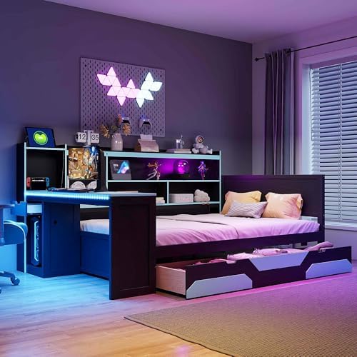 Merax Full Size Gaming Daybed with Integrated Desk and Lights, Wooden Platform Bed Frame with 3 Storage Drawers and Built-in Charging Station, Multi-Functional Headboard Shelves, No Box Spring Needed - Image 3