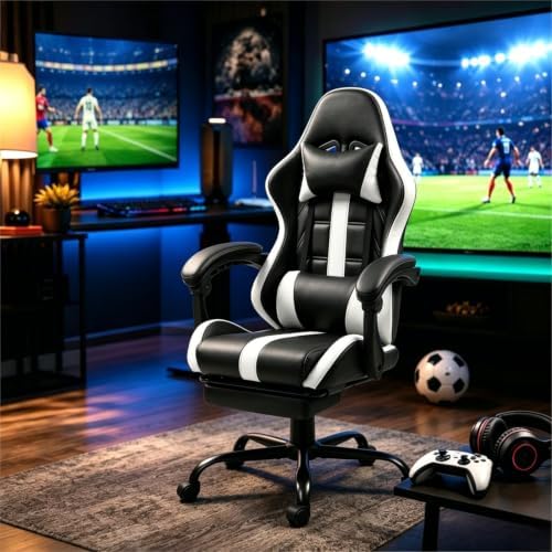 ECOTOUGE Massage Gaming Chair with Footrest & Lumbar Support, White | Premium PU Leather; Ergonomic Massage Lumbar; 90-135° Recline; Height Adjustable; Retractable Footrest; 330Lbs Steel Frame - Image 2