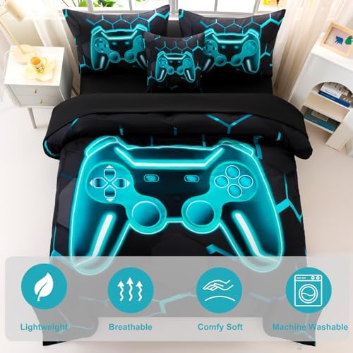 Gamer Queen Comforter Set with Sheets 6Pcs Teal Gaming Boys Bedding Set Lake Blue 3D Game Console Bed in A Bag Gamepad Print Honeycomb Bedding Collection for Bedroom (Teal, Queen) - Image 3