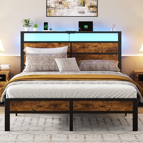 Liians Queen Size Bed Frame, Queen Bed with Charging Station Headboard and LED Lights, Platform Bed with Metal Slats, No Box Spring Needed by LIIANS