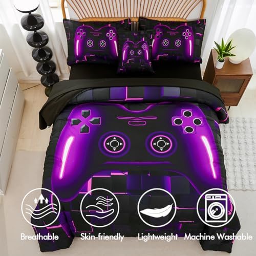 PERFEMET 6 Pieces Bed in A Bag Gamer Comforter Set Full Size Purple Gaming Bedding Set for Boys Kids Teen Soft Lightweight Video Game Black Quilt Bedspread Set(Purple, Full) - Image 4