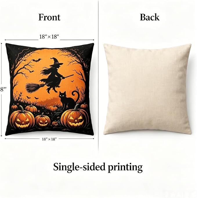 Halloween Throw Pillow Covers, Witch and Black Cat Design, Linen, 18x18 Inch, Set of 2, Invisible Zipper, Indoor Living Room Decor - Image 3