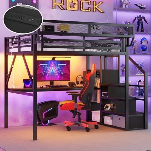 KEIKI Queen Size Metal Loft Bed Frame with Desk, Staircase, Built-in Storage Shelves and Wardrobe, Modern Loft Bed with Solid Slat, Guardrail, No Box Spring Required, Easy Assembly, for Bedroom, Black - Image 5