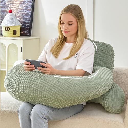 19" Reading Pillow for Bed,U Shaped Arm & Elbow Support,Green Flannel | Backrest Supports Back,U shaped Lap Pillow Cushions Arms,Elbows & Wrists,Soft Flannel for Reading,Gaming,Watching TV by PAJEO