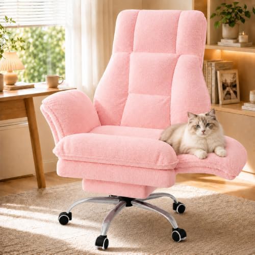 Big and Tall Office Chair with Footrest & Flip Armrests | Teddy Fleece Ergonomic Desk Chair, for Pets & Cross-Legged Sitting, Wide Seat Reclining Executive Computer Chair, Pink by DurableCarportsSheds