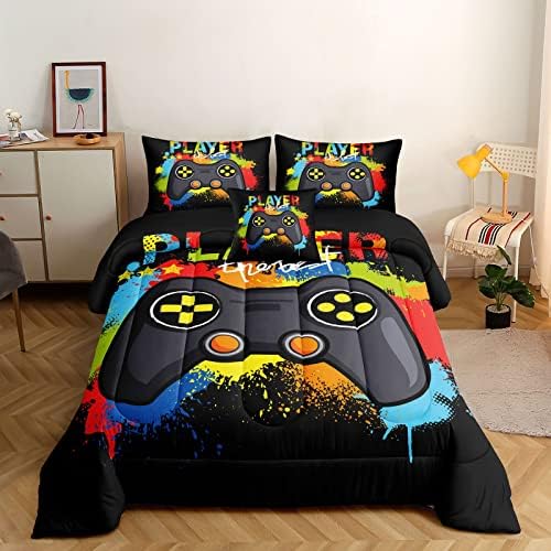 ROWADALO 6 Pieces Gaming Bedding Set for Boys Gamer Comforter Set Full Size,Game Controller Comforter for Boys Kids 6 Pieces Bed in A Bag 3D Gamepad Microfiber Bedding Sets,DJT H5019 Full by ROWADALO