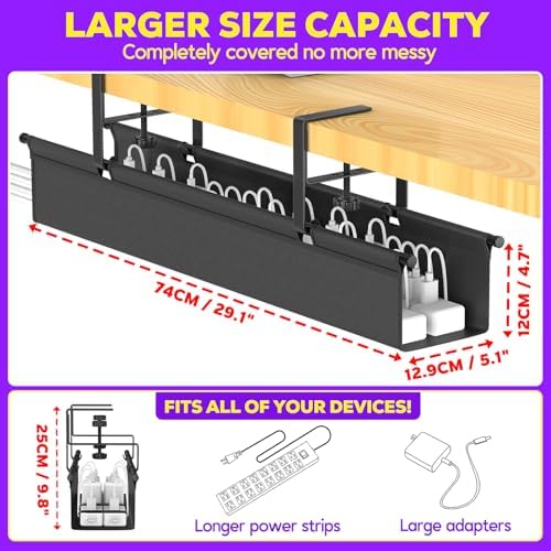 Large Under Desk Cable Management Tray, REFLYING 29.1" Cable Management Under Desk No Drill,Adjustable Clamp Cord Wire Organizer, Cord Hider for Standing Table, Wire Hider for Office,Home (Medium) - Image 4