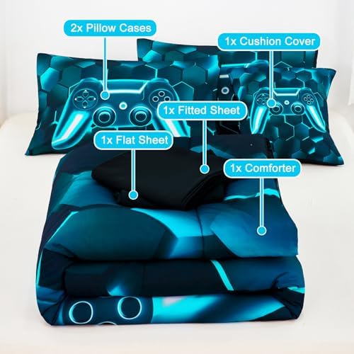 URBONUR 6 Pieces Gamer Comforter Set for Teen Boys Queen Size Blue Teal - Image 5