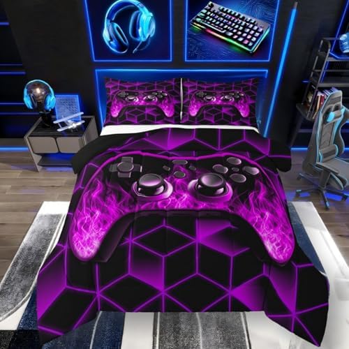 Purple Gaming Comforter Sets for Boys Gamer Gifts,Neon Geometric Toddler Bedding Sets for Boys,3D Geometric Kids Comforter Set Flame Gaming Consoles Decor Boy Bedroom Decor by Erosebridal