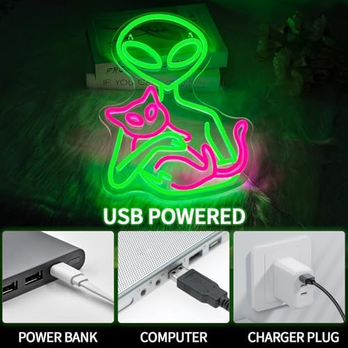 Alien Neon Sign for Wall Decor Dimmable Aliens Cat Led Lights Signs for Bedroom Green Neon Light for Game Room Man Cave Bedroom Party Decoration Gift for Kids Boys - Image 5