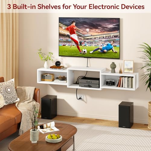 IBUYKE Floating TV Stand Wall Mounted with Power Outlet,Modern Wood Wall Mounted Media Console Shelf,Floating Entertainment Center for Under TV Storage for Living Room Bedroom Office,White WST001W - Image 3