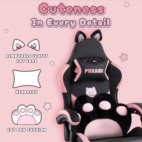 PUKAMI Pink Gaming Chair with Cute Cat Ears | Computer Chair for Girl with Footrest,Ergonomic Gamer Chair for Adult, Kawaii Gaming Chair, Game Chair (Light Black) - Image 3