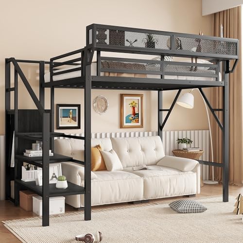 KEIKI Twin Size Metal Loft Bed Frame with Convertible Staircase, Built-in Storage Shelves & Wardrobe, Loft Bed with Solid Slats & Guardrail, No Box Spring Required, Easy Assembly, for Bedroom, Black - Image 4