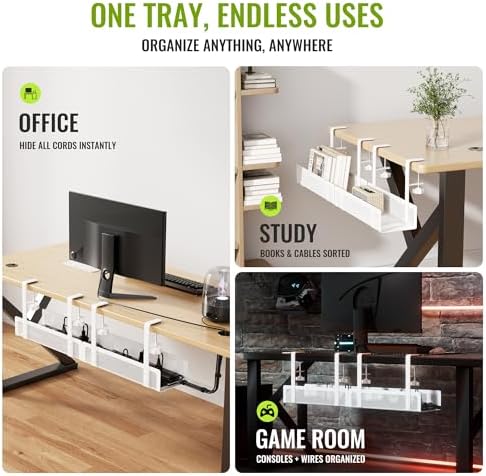 [Upgraded] 2 Pack Cable Management Under Desk Tray, Xpatee 27.6" No Drill Open Slots Cable Management Tray, Cord Wire Organizer Box with Clamp for Table Thickness up to 3" - No Desk Damage(White) - Image 6