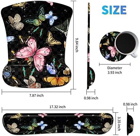 Ergonomic Mouse Pad with Wrist Support Gel Mouse Pads and Upgrade Keyboard Wrist Rest Pad Set, Coasters Non-Slip PU Base Mouse Mat for Office Gaming Computer Laptop Home, Glitter Butterfly - Image 2