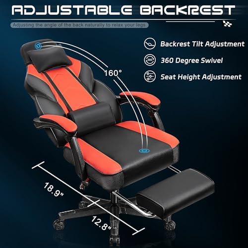 Gaming Chair for Adults, Video Game Chair with Footrest, Big and Tall Gaming Chair Heavy Duty Computer Chair with Massage Lumbar, Ergonomic Adjustable Height and 360° Swivel Seat, PU Leather, Red - Image 3