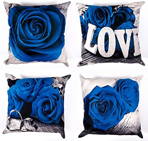 Royal Blue Throw Pillow Covers Set of 4 20 x 20" Decorative Navy Blue Rose Flower Pillow Case Square Cushion Linen Case for Bedroom Living Room Sofa Couch Indoor Outdoor Patio Car Decor Pillowcase by YOOOAHU