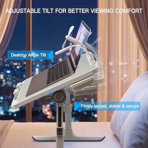Lap Desk with Cooling Fan, LED Light and USB Port, Adjustable Laptop Desk with Storage Drawer, Foldable Laptop Table for Bed Sofa Work Study, Portable Computer Desk (Grey) - Image 4