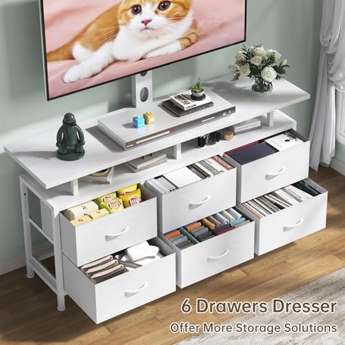 White TV Stand with Mount for 32/45/55/60/65/75 inch TVs, Entertainment Center with 6 Fabric Drawers & Open Shelf, TV Media Console for Living Room, Bedroom - Image 4