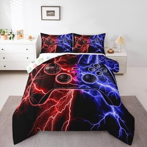 Erosebridal Gaming Comforter Set Gamer Girl Toddler Bedding Set, Video Game Consoles Comforter Red Blue Lightning Quilt,Gaming Decor for Boys Bedroom - Image 6