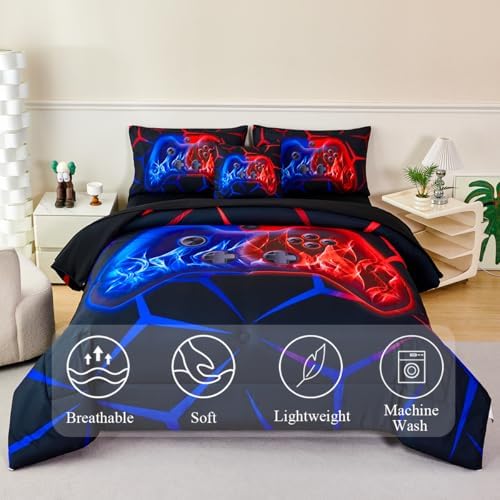 Boys Twin Comforter Set Gaming Bedding Set for Kids Teens Soft Microfiber 6 Pieces Gamer Bed in A Bag Set Red and Blue Geometric Gamepad Bedding Set for All Season(Red Blue, Twin) - Image 2
