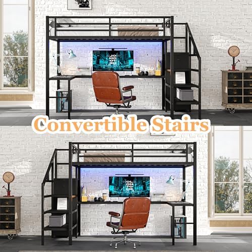 Bellemave Full Size Metal Loft Bed with L Shaped Desk and Wardrobe, Heavy Duty Loft Bed Frame with Storage Stairs, LED Loft Bed Frame with Charging Station & Safety Guard, Space Saving Loft Bed, Black - Image 6