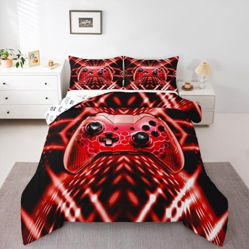 Feelyou Gamer Bedding Set Toddler Size Kids Gaming Comforter Set for Boys Girls Teens Game Room Decor Red Black Geometric Game Controller Duvet Quilt - Image 4