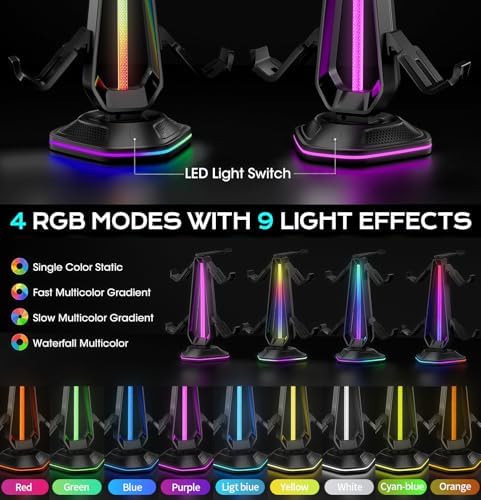 RGB Headset Stand with 9 Light Modes and 2 USB Charging Ports - Controller Holder for Desk - Headphone Stand & Detachable Controller Hook for PC Earphone Gaming Room Setup Accessories - Image 3