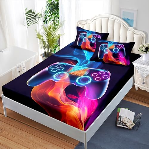 AILONEN Gamer Fitted Sheet Set Full Size, 3 Pieces Gamer Bedding Boys Gaming Sheet Set,Video Game Bed Sheet Sets for Boys,Gamepad Game Controller Fitted Sheet with 2 Pillowcases - Image 3