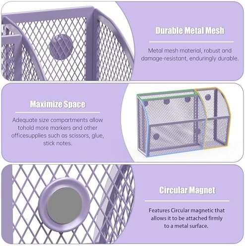 YINGHUA 3 Compartment Magnetic Metal Mesh Pen Holder, Purple Desk Caddy - Image 4