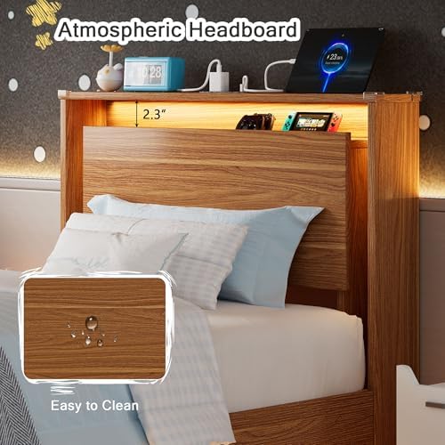 Einhomn Twin Bed Frame with Storage Headboard & LED Lights – Wood Floating Bed Frame with Charging Station, Non-Slip Slat, Kick-Free & Noise-Free Design, Easy Assembly, Walnut - Image 5