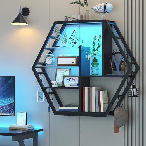 kepptory 39" Wide LED Gaming Floating Shelves, 5 Tier Wall Mounted Shelves with 2 Removable Glass Shelves, Coffee Bar Rack with 8 Hooks, Display Rack for Wall Storage for Gaming Room, Black - Image 3