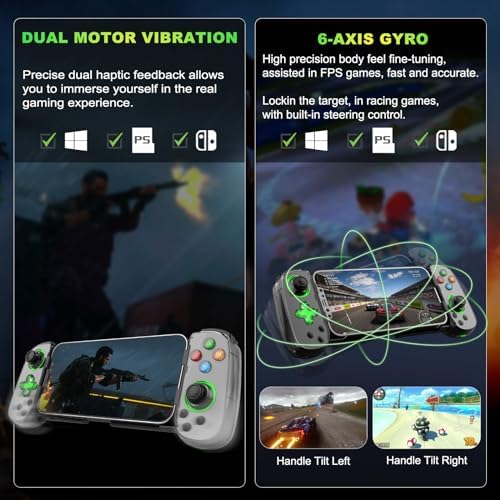 Phone Game Controller for iPhone 17/Android/PC/Switch, Play COD, Genshin,Support Streaming on PS5/Xbox/PC Console, Cloud Gaming Wireless Gamepad Joystick, Turbo/6-Axis Gyro/Dual Motor, Green Light, Blue - Image 5