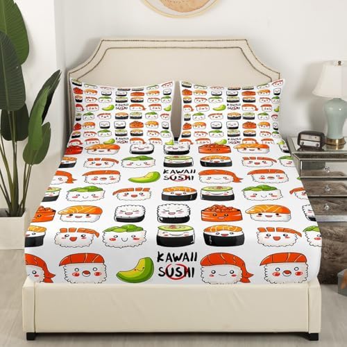 Erosebridal Sushi Bed Sheets Full, Cartoon Sea Animal Sheet Set for Kids Boys Girls, Cute Sushi Pattern Bedding Set, Japanese Style Kawaii Bed Sheets, 1 Flat Sheet, 1 Fitted Sheet, 2 Pillowcases - Image 4