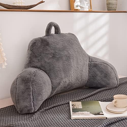 A Nice Night Faux Fur Reading Pillow Bed Wedge Large Adult Children Backrest with Arms Back Support for Sitting Up in Bed / Couch for Bedrest,Gray (Standard) - Image 3