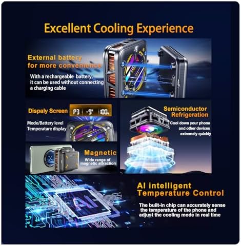 Magnetic Phone Cooler with Battery,Rechargeable Wireless Cooling Fan for iPhone/iPad,Phone Cooling Case Radiator Heatsink with RGB LED for iPhone MagSafe Series/Samsung/Android - Image 3