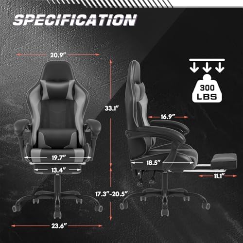 Shahoo Gaming Chair with Footrest and Massage Lumbar Support, Video Racing Seat Height Adjustable with 360°Swivel and Headrest for Office or Bedroom, Grey - Image 3
