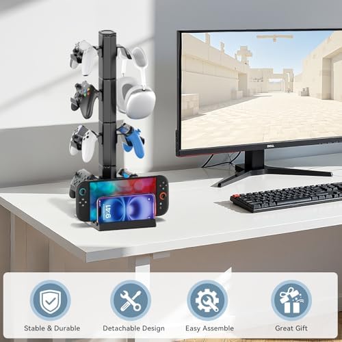 Headphone and Game Controller Desk Stand for PS5/ Xbox/ PS4 Controller, 4 Tiers Headset Hanger with Organizer for Switch 2/1/PS Portal Game Console, Multiple Controller Storage Dispay Rack- 8 Hooks - Image 6