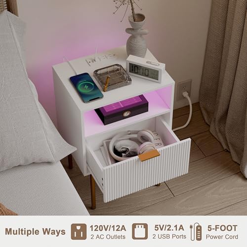 Modern Nightstand with Charging Station and LED Lights, White Bedside Table with Drawer, Fluted Side Table for Living Room, Bedroom - Image 6