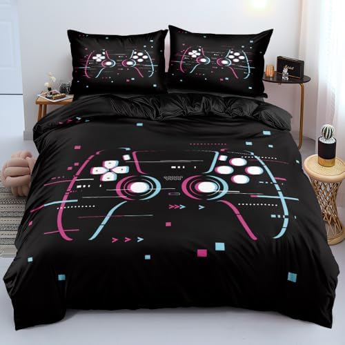 Gaming Controller Duvet Cover Set - Black Gamepad Bedding Set with Pink & Blue Stitched Design, Comforter Cover & Pillowcases Twin Size for Gamer Boys & Girls Room, Modern Cool Gaming Theme by Holiyjog