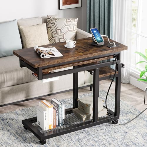 Tribesigns Small Portable Desk with Power Outlet, Height Adjustable Sofa Couch Bedside Laptop Table with Wheels, Mobile Standing Desk Rolling Computer Cart C Side Table with USB Ports - Image 3