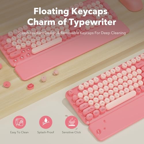 Wireless Keyboard and Mouse Combo, Cute Full-Size Retro Typewriter Keyboard with Round Keycaps, Magnetic Wrist Rest, Tilt Legs, 2.4GHz Cordless for Mac, Windows PC, Laptop, SABLUTE CK23, Baby Pink - Image 4