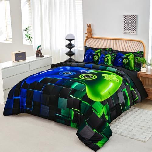 PERFEMET 6-Piece Game Full Size Bed in a Bag for Boys Blue and Green Video Gamer Bedding Set with Sheets Soft Fluffy 3D Printed Game Console Comforter Set for Kids Teen Girls(Blue Green, Full) - Image 2